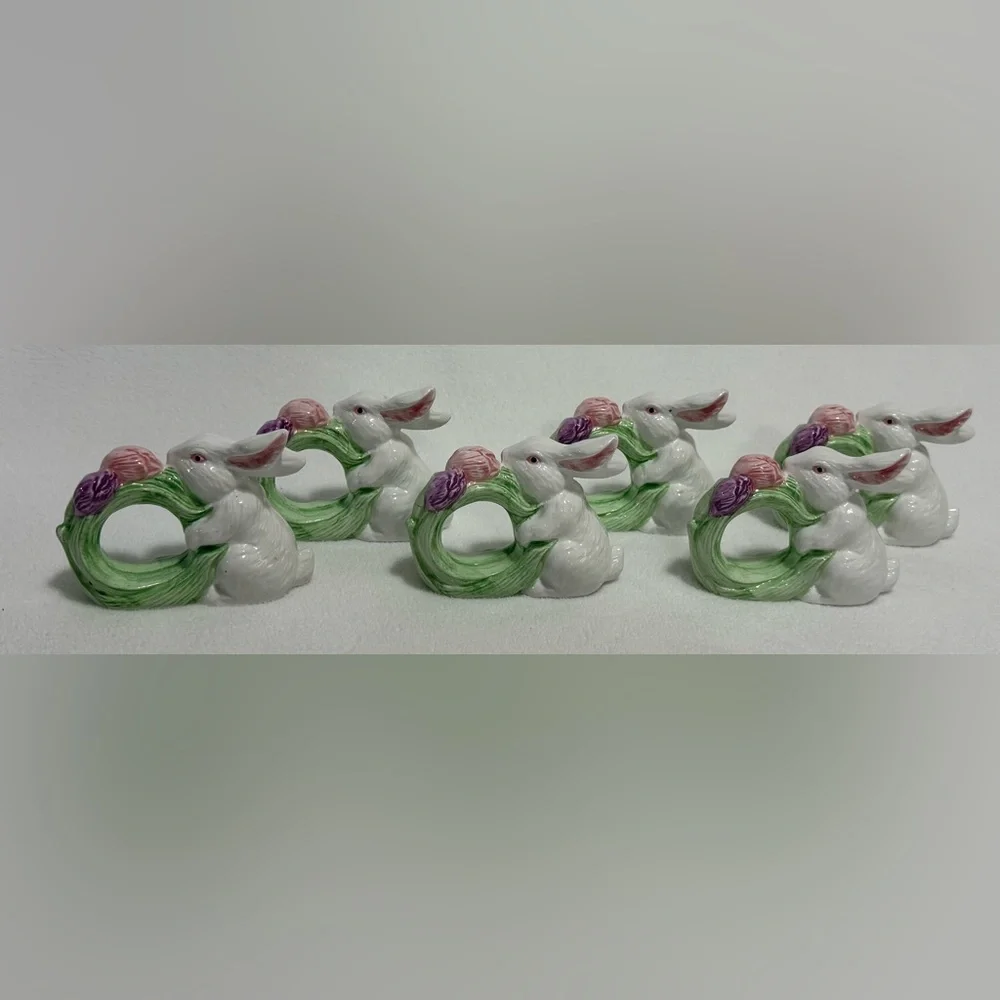 White Ceramic Bunny Napkin Rings with Pastel Tulip Wreath - Set of 6